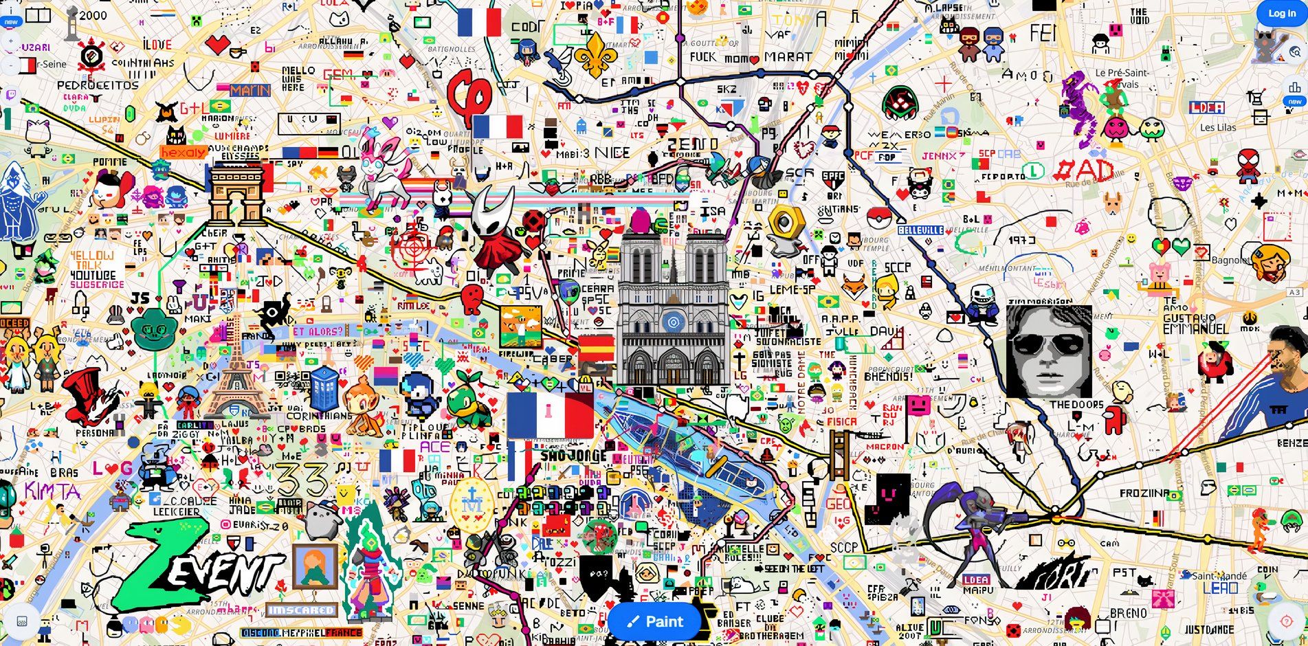 世界地图画布上的巴黎城区像素涂鸦